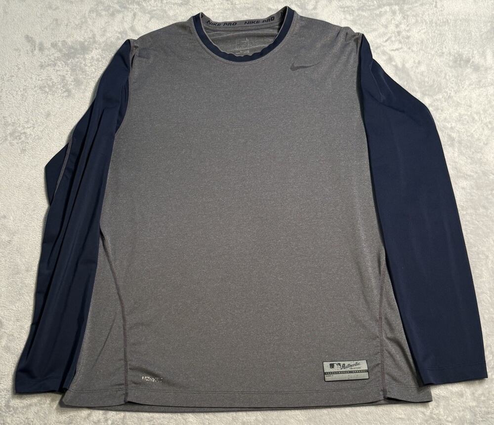 Large Nike Pro Combat Shirt Mens Gray Blue MLB Authentic Long Sleeve Athletic